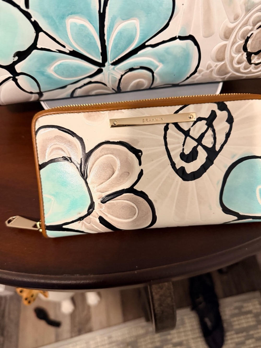Brahmin Floral Satchel Turquoise Kelson with Matching Suri wallet - Picture 5 of 14